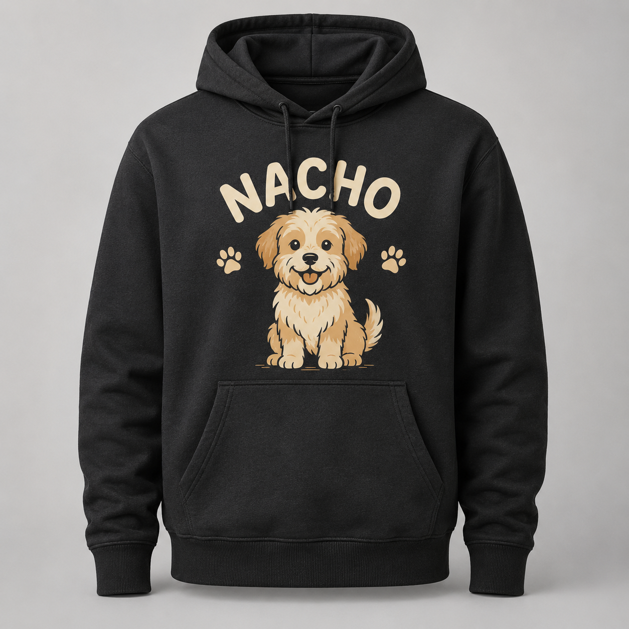 Black hoodie with a dog illustration and the name Nacho